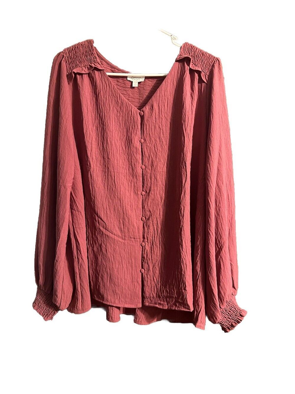 ODDY V-neck blouse Sz Large Button Down Flowy Long Sleeve Boho Light Mauve Pink